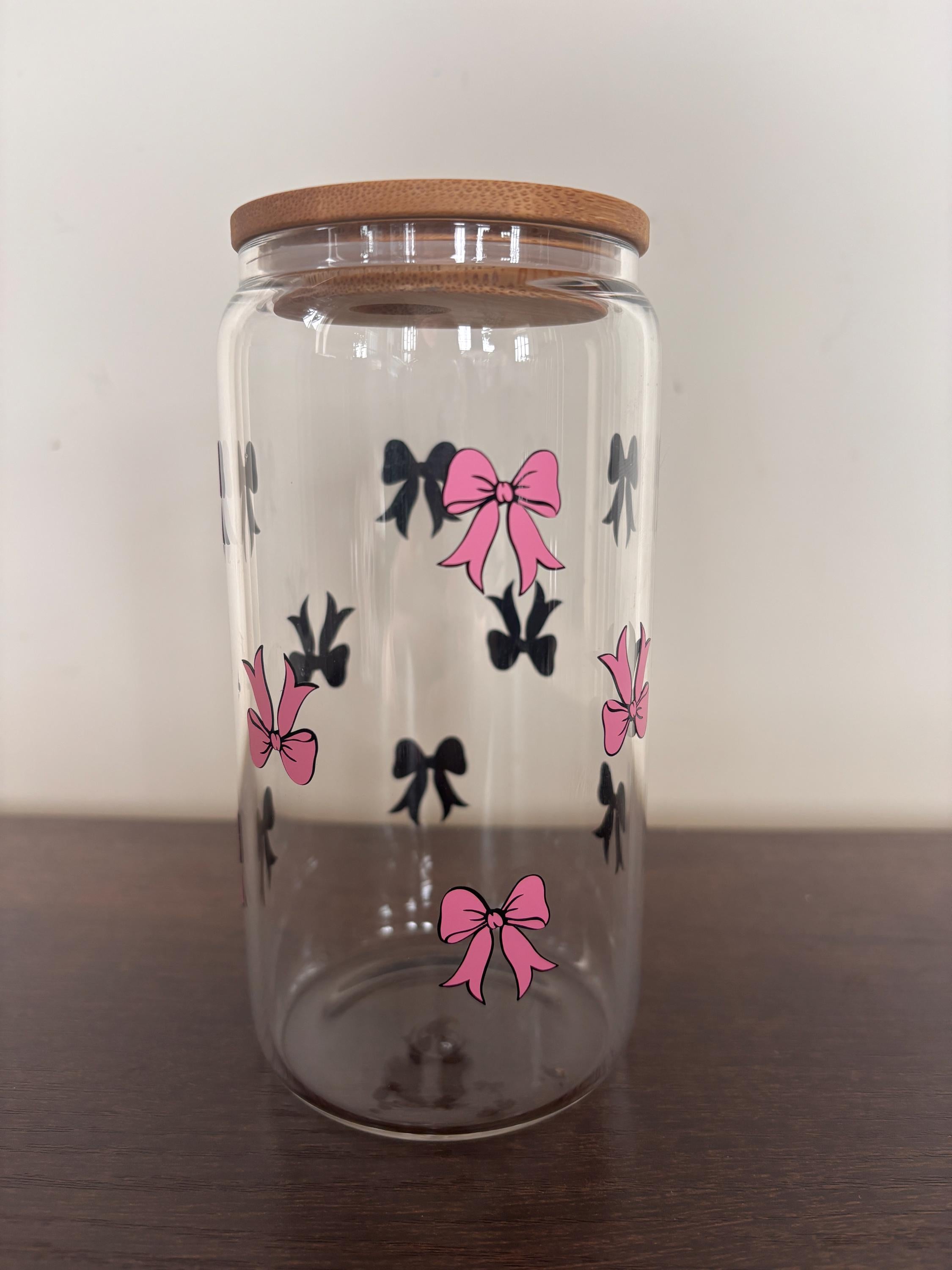 Bow 16oz Glass or Plastic Tumbler with Lid and Straw – Customizable Color | Cute Gift