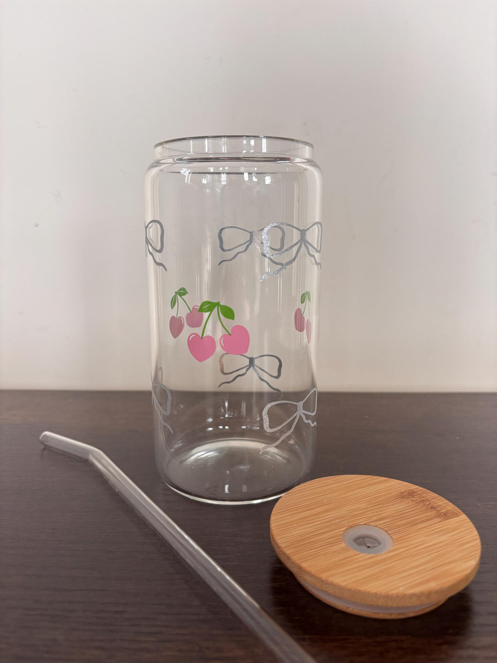 Cherry & Glitter Bows 16oz Glass or Plastic Tumbler with Lid and Straw – Cute Gift