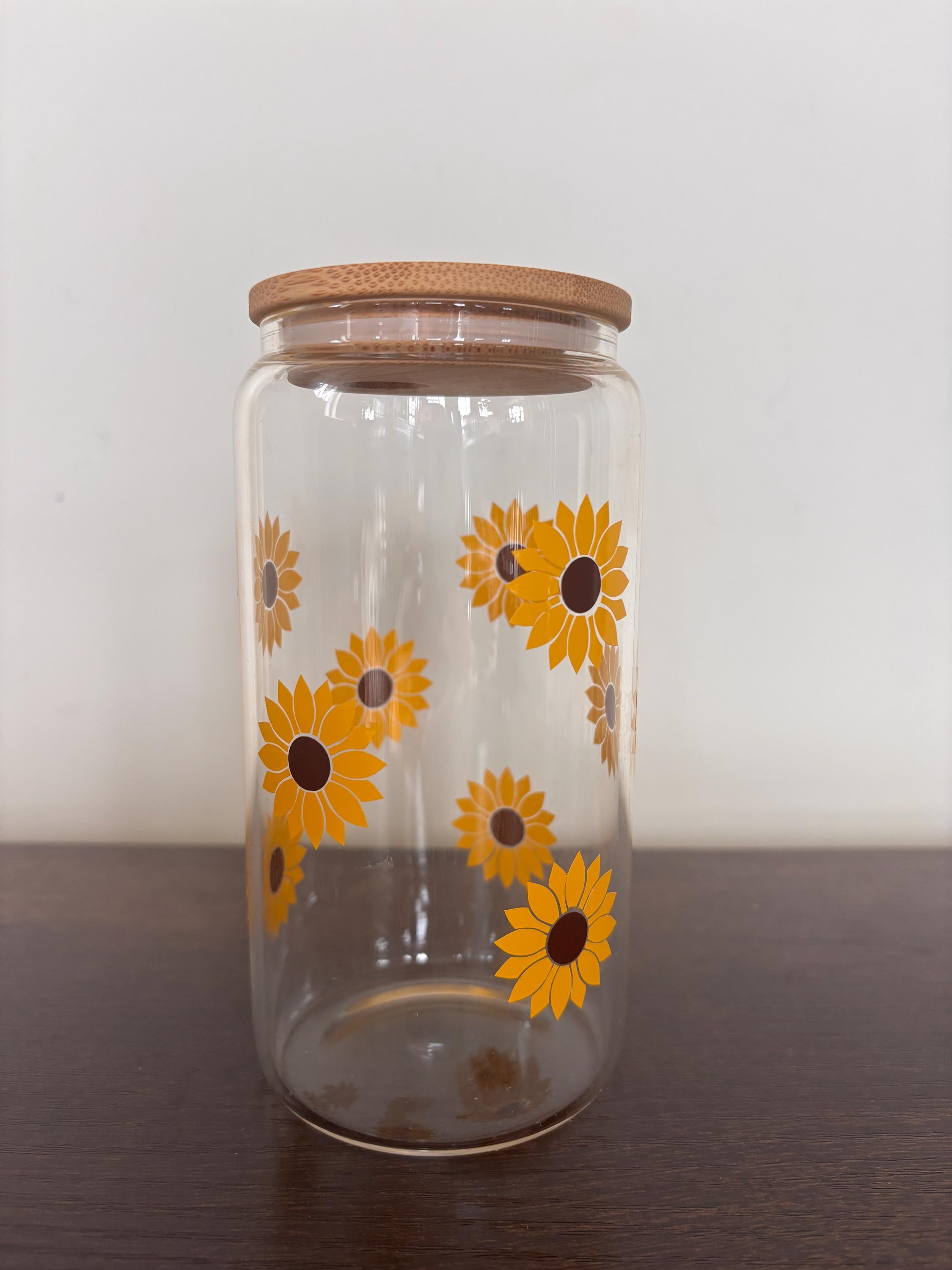 Sunflower 16oz Glass or Plastic Tumbler with Lid and Straw – Floral Drinkware Gift