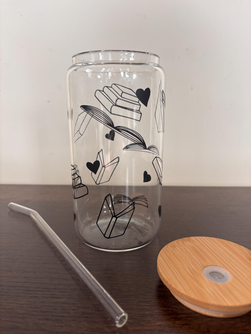 Books & Hearts 16oz Glass or Plastic Tumbler with Lid and Straw – Reader Gift
