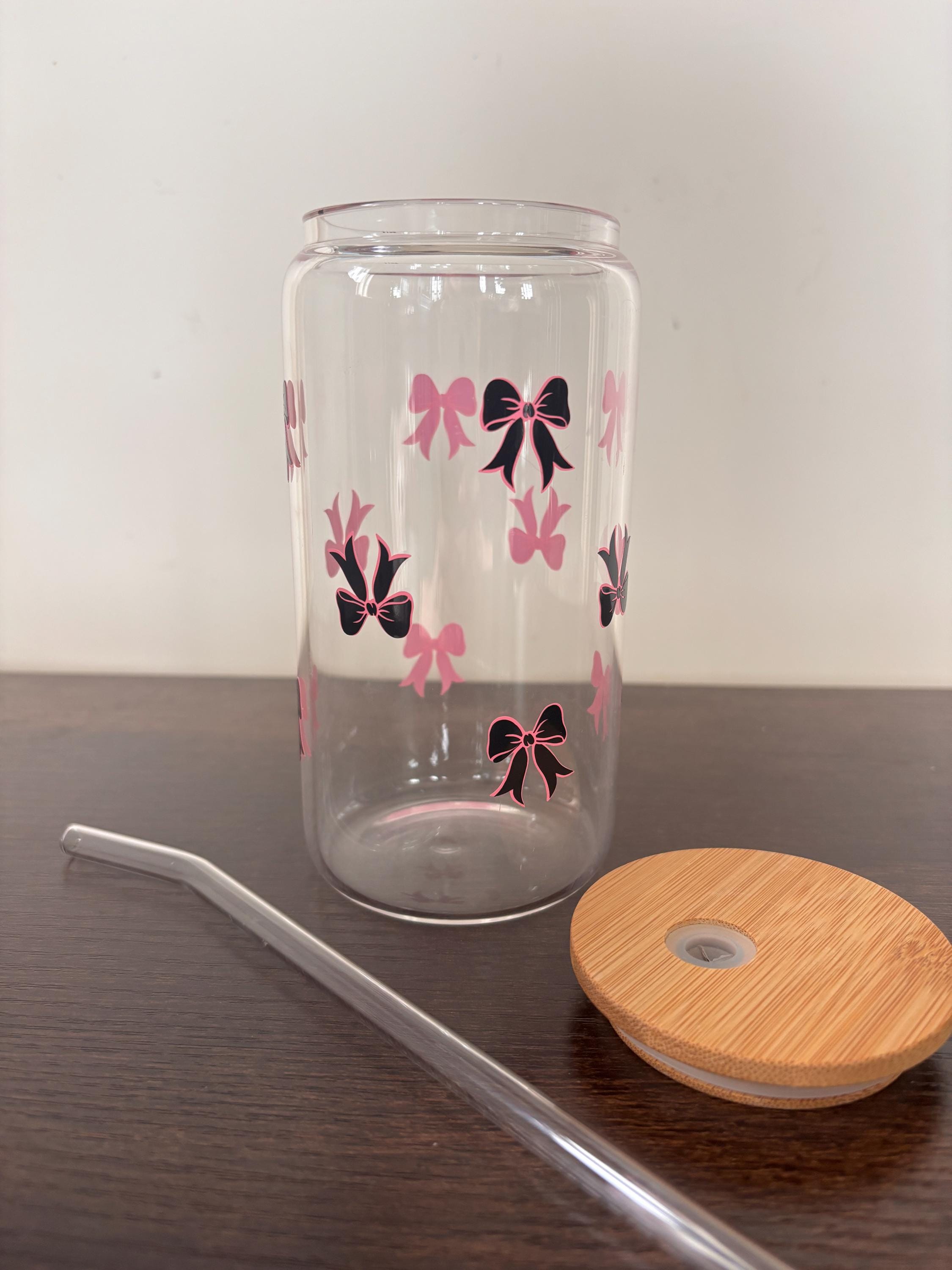 Bow 16oz Glass or Plastic Tumbler with Lid and Straw – Customizable Color | Cute Gift
