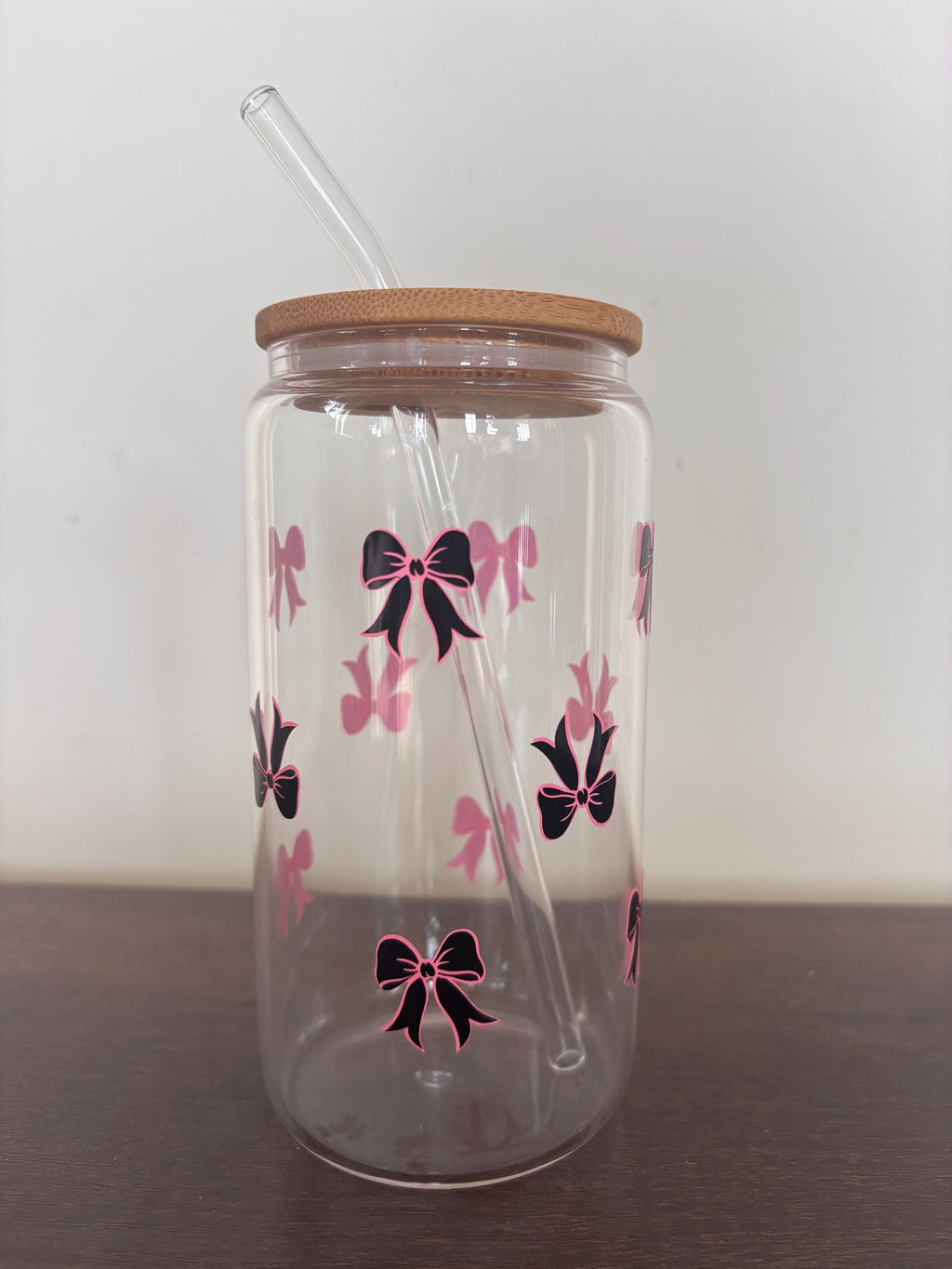 Bow 16oz Glass or Plastic Tumbler with Lid and Straw – Customizable Color | Cute Gift