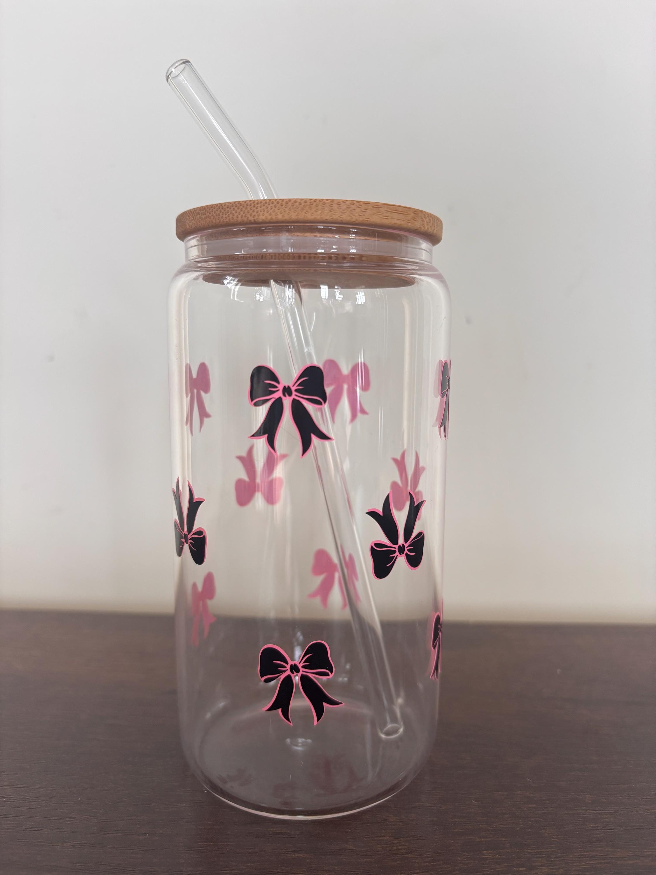 Bow 16oz Glass or Plastic Tumbler with Lid and Straw – Customizable Color | Cute Gift