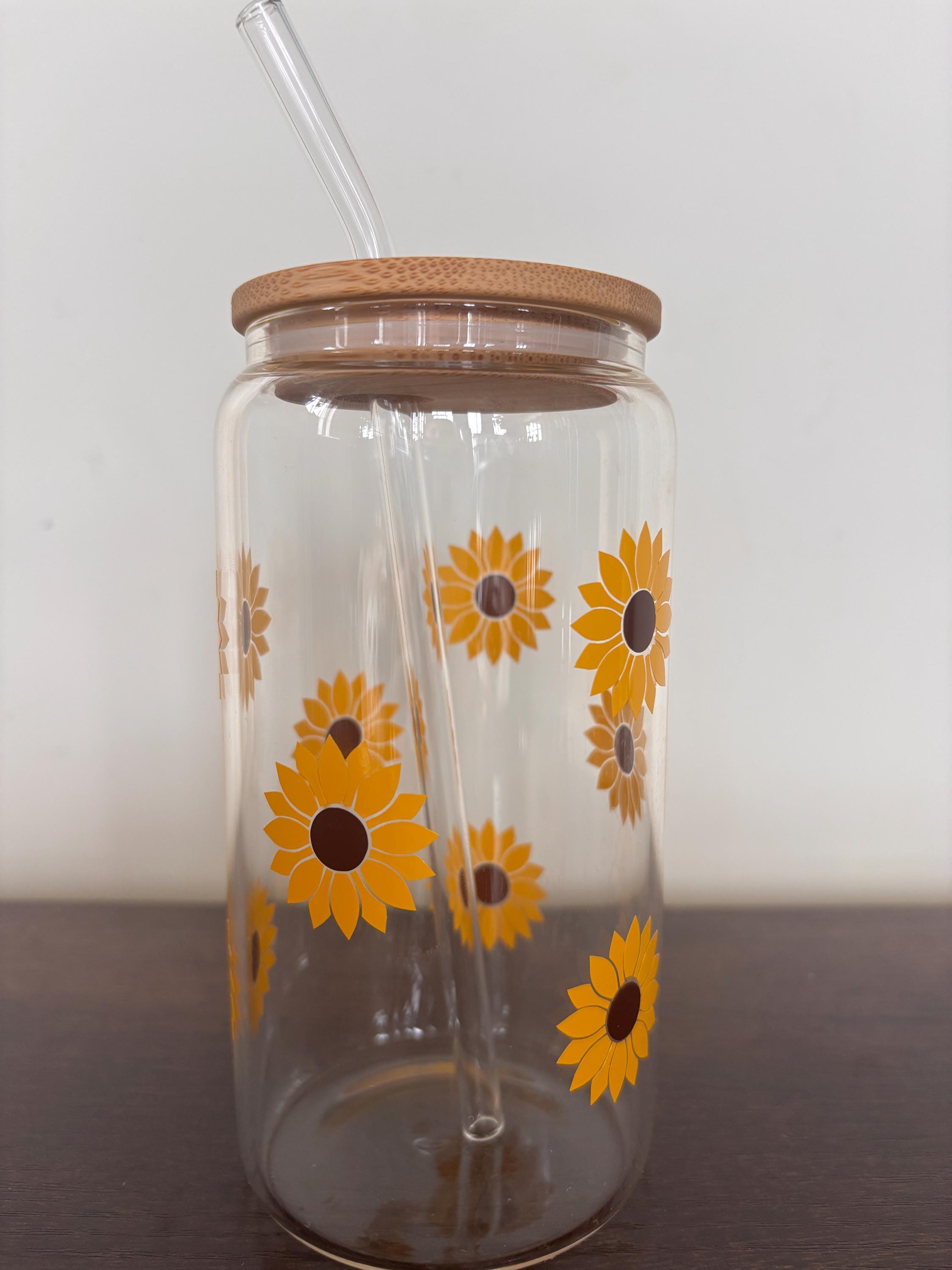 Sunflower 16oz Glass or Plastic Tumbler with Lid and Straw – Floral Drinkware Gift