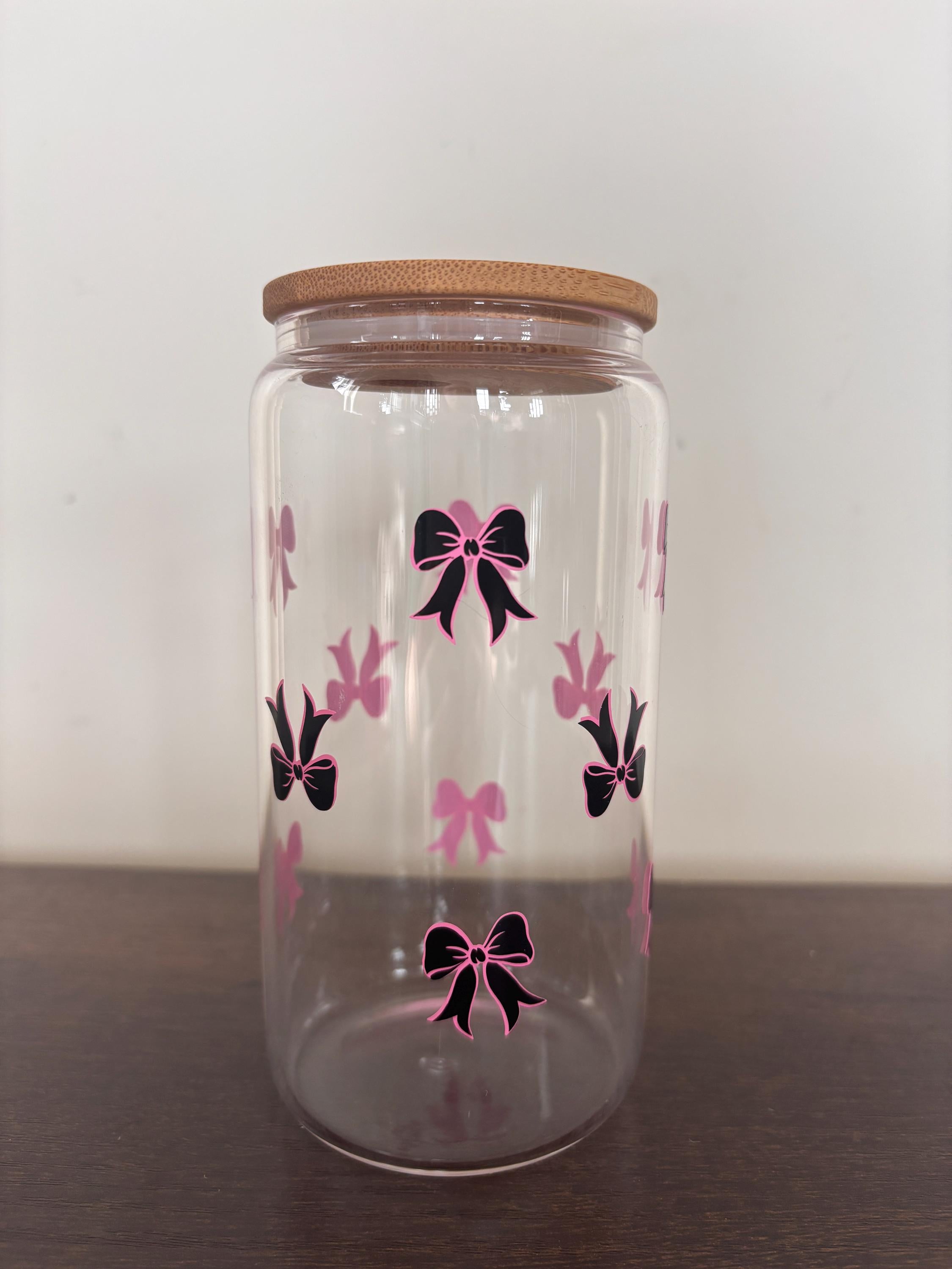 Bow 16oz Glass or Plastic Tumbler with Lid and Straw – Customizable Color | Cute Gift