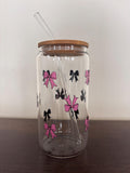 Bow 16oz Glass or Plastic Tumbler with Lid and Straw – Customizable Color | Cute Gift