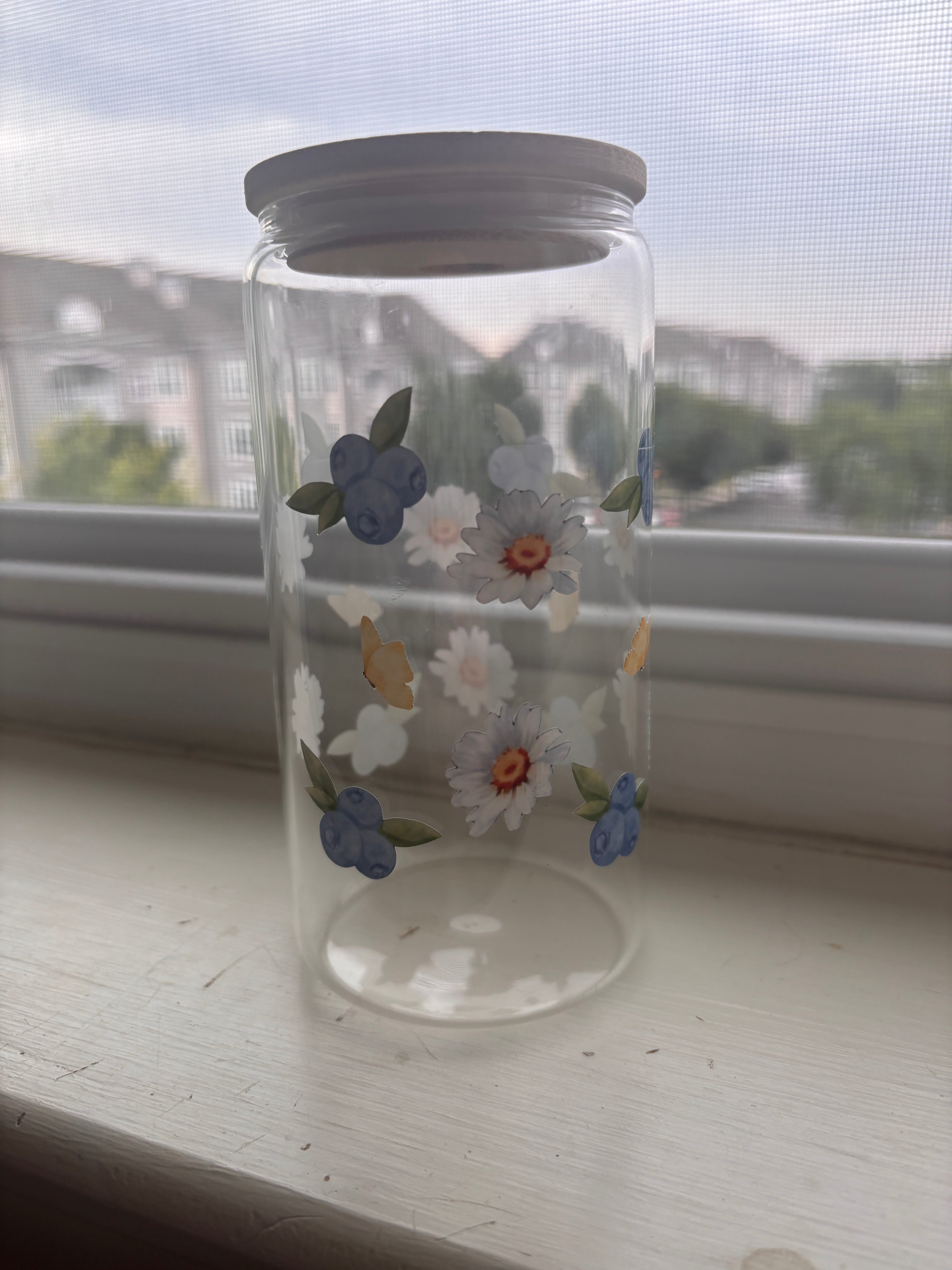Blueberry and flowery glass/plastic 16oz cup