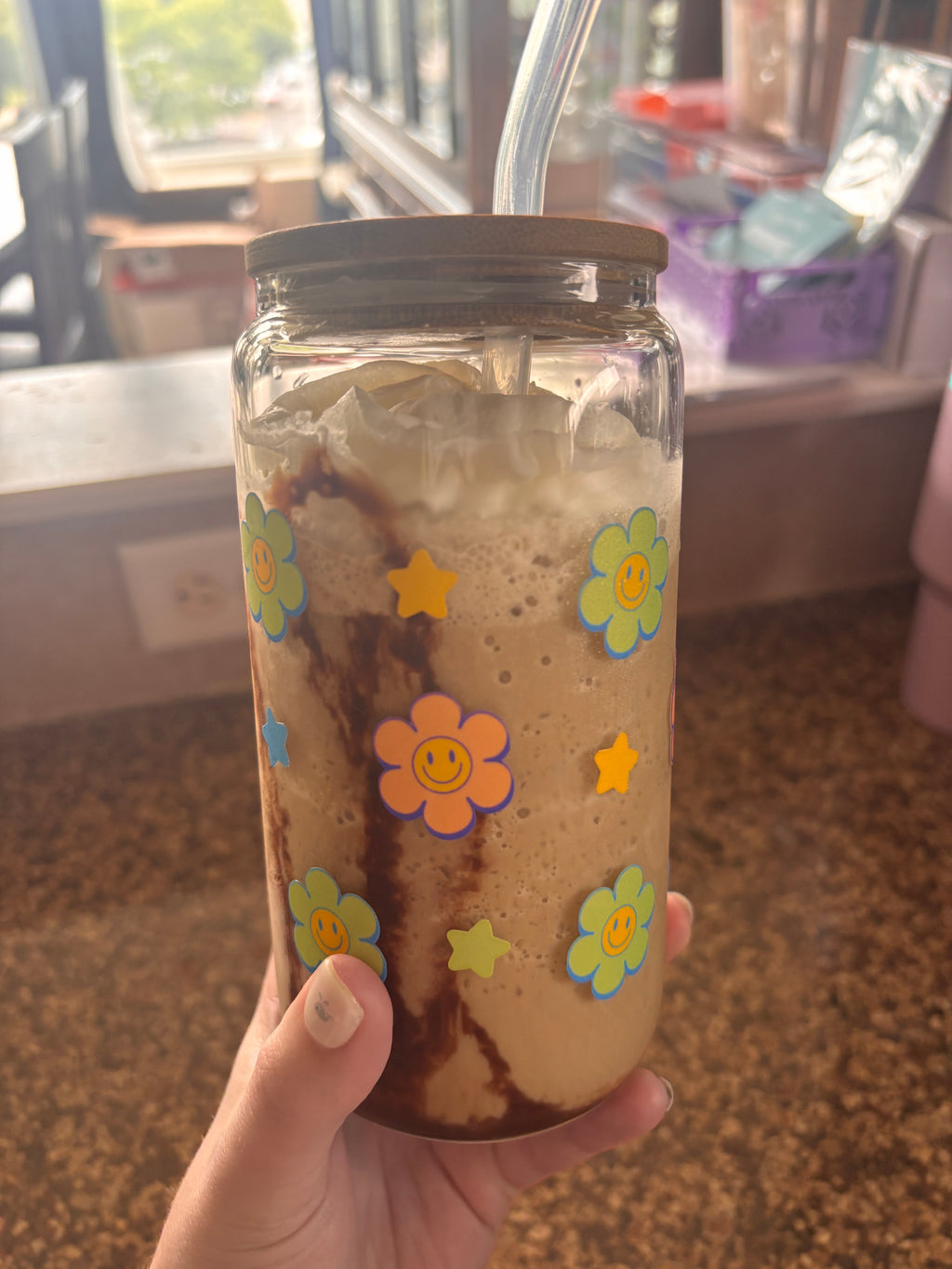 Retro flower and star glass/plastic 16oz cup
