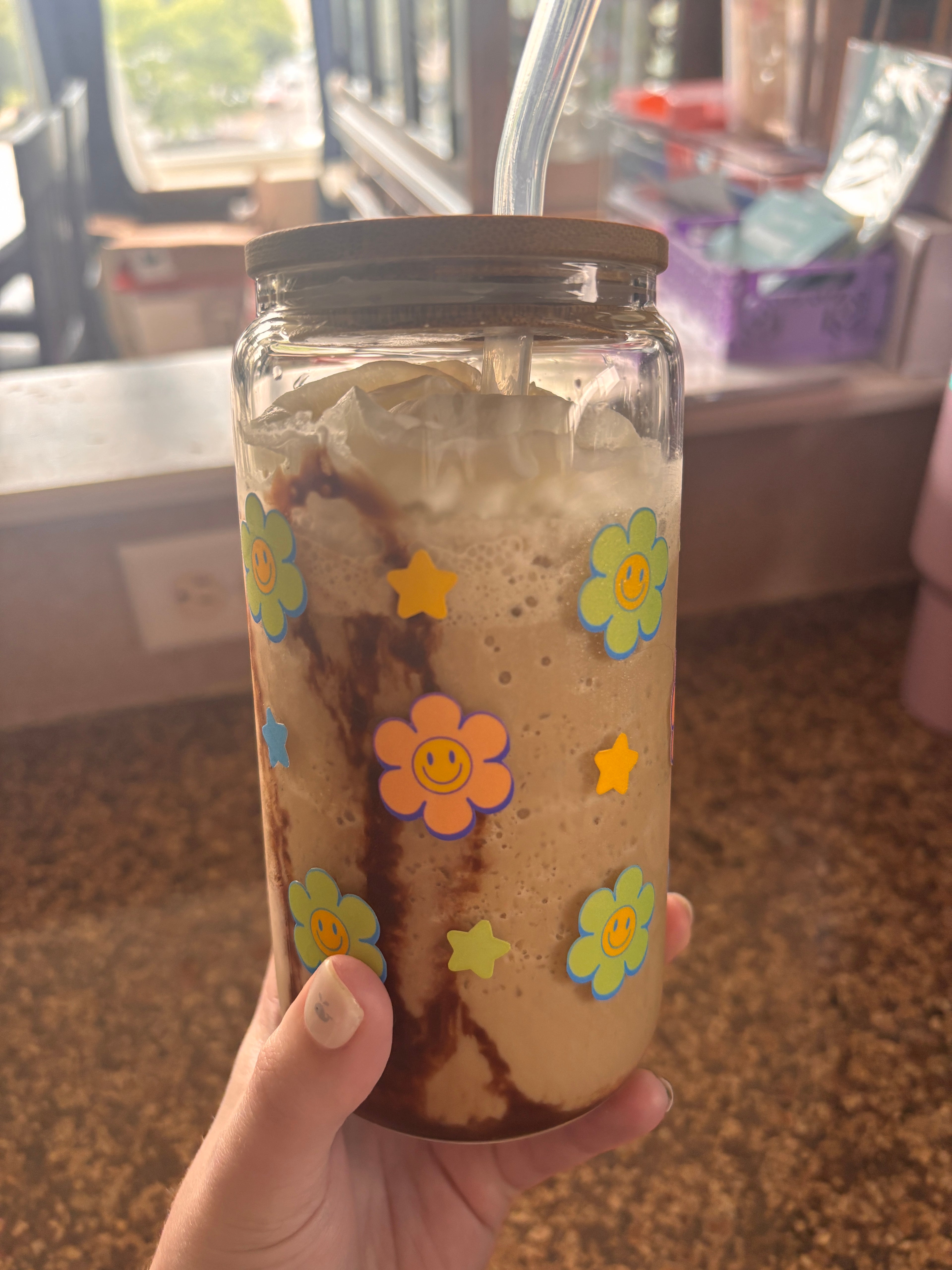 Retro flower and star glass/plastic 16oz cup