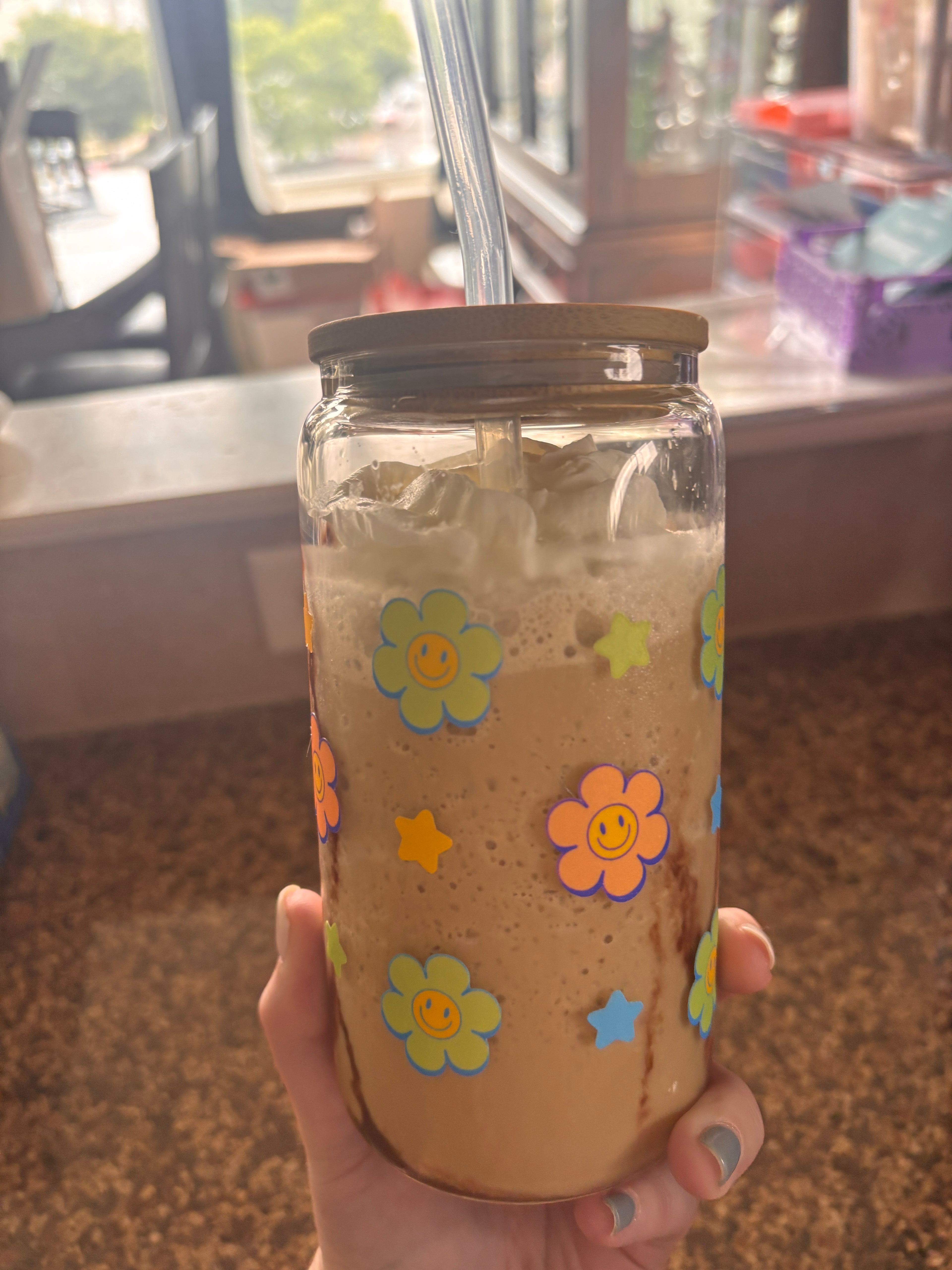 Retro flower and star glass/plastic 16oz cup
