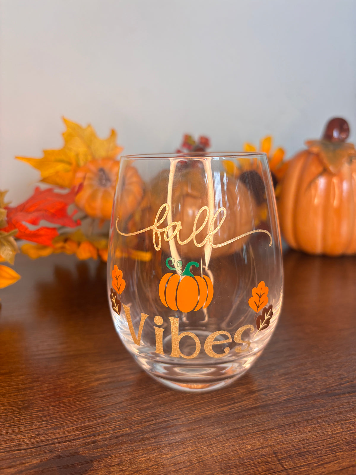 Fall vibes stemless wine glass