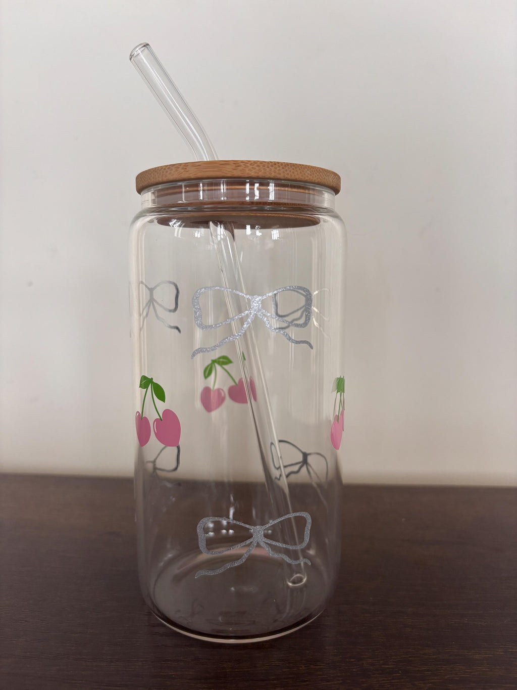 Cherry & Glitter Bows 16oz Glass or Plastic Tumbler with Lid and Straw – Cute Gift