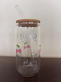 Cherry & Glitter Bows 16oz Glass or Plastic Tumbler with Lid and Straw – Cute Gift