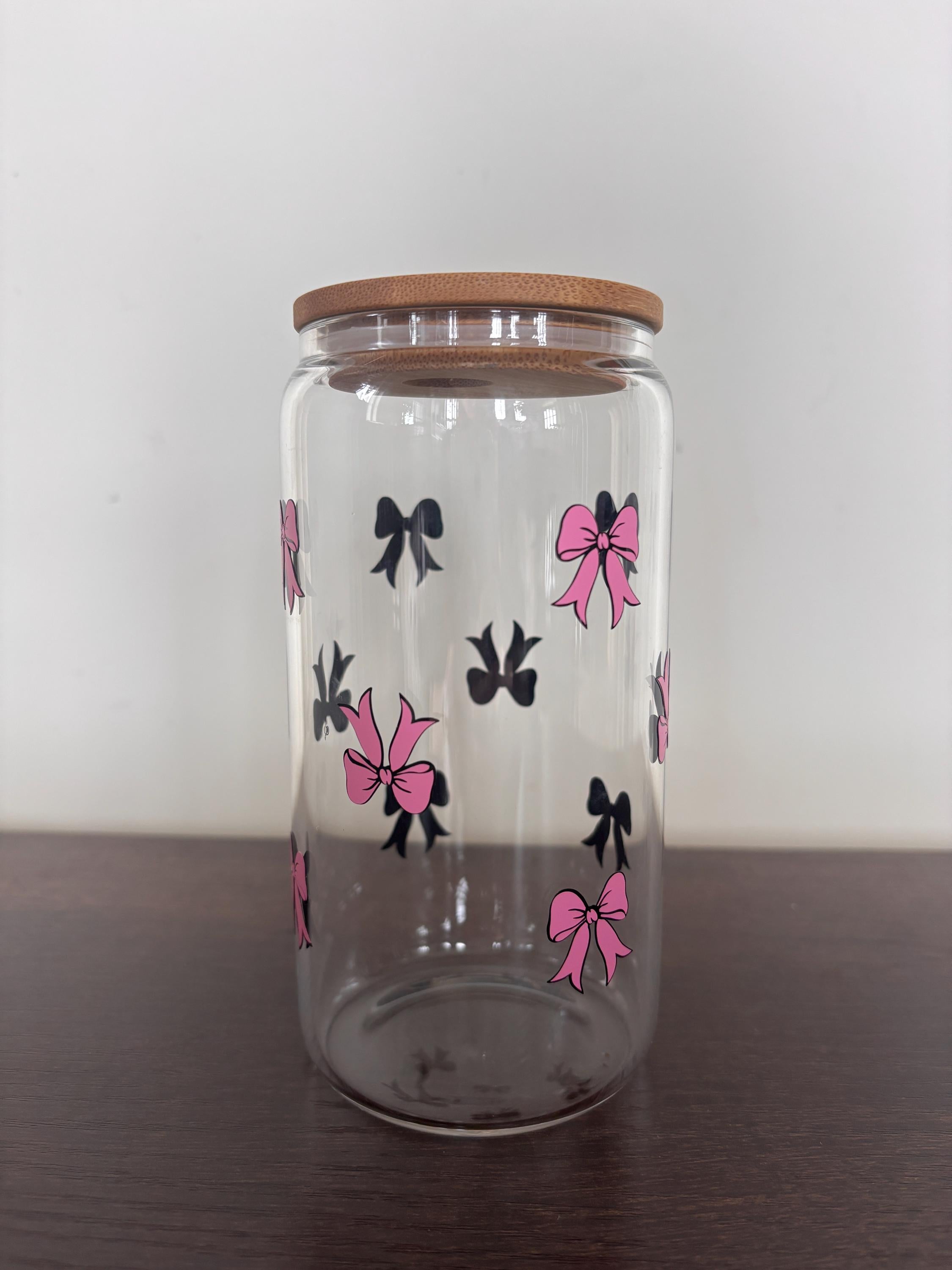 Bow 16oz Glass or Plastic Tumbler with Lid and Straw – Customizable Color | Cute Gift