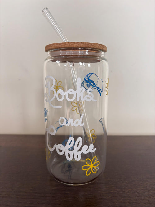 Books & Coffee 16oz Glass or Plastic Tumbler with Lid and Straw – Reader Gift