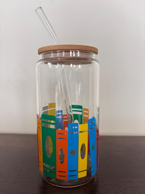 Book Stack 16oz Glass or Plastic Tumbler with Lid and Straw – Bookshelf Design